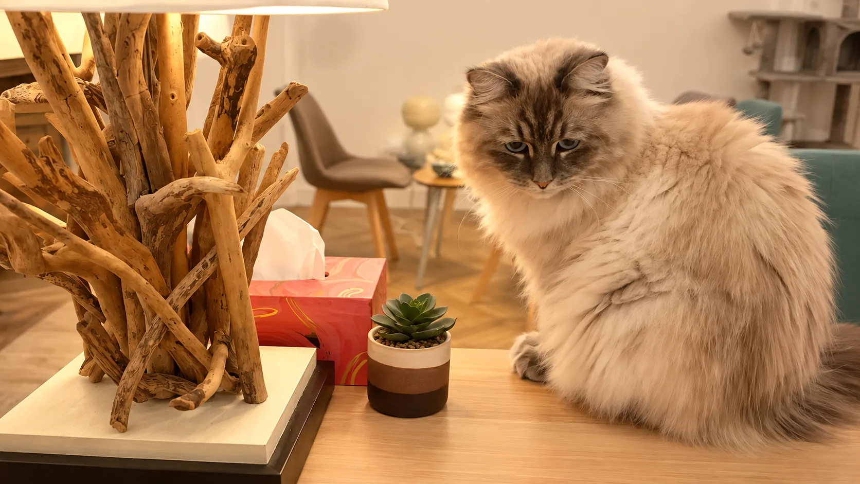 Elagon, le chat du cabinet, installé près de la lampe et des plantes.