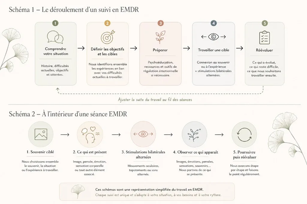 Schémas EMDR : déroulement d’un suivi et étapes d’une séance avec stimulations bilatérales