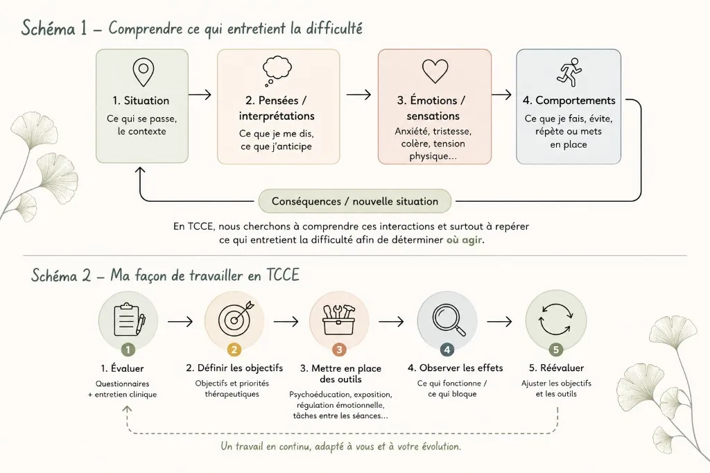 Schémas TCCE : cycle situation-pensées-émotions-comportements et déroulement du travail thérapeutique